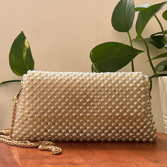 Pearl Beaded Purse with Gold Chain