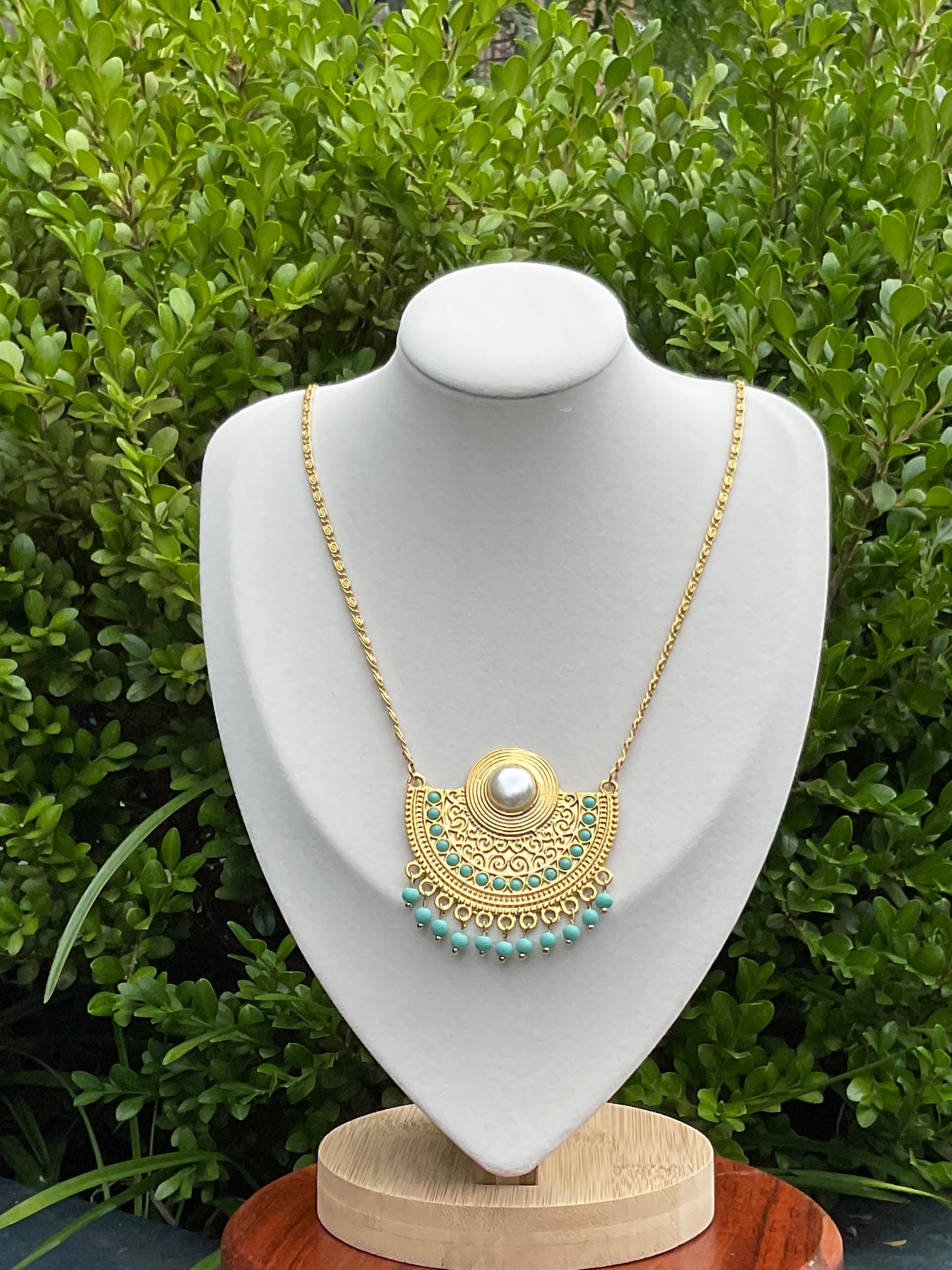 Tribal Elegance: Gold Filled Necklace with 22k Matte Gold Plated Semi-Circle Pendant, Pearl, and Turquoise Accents