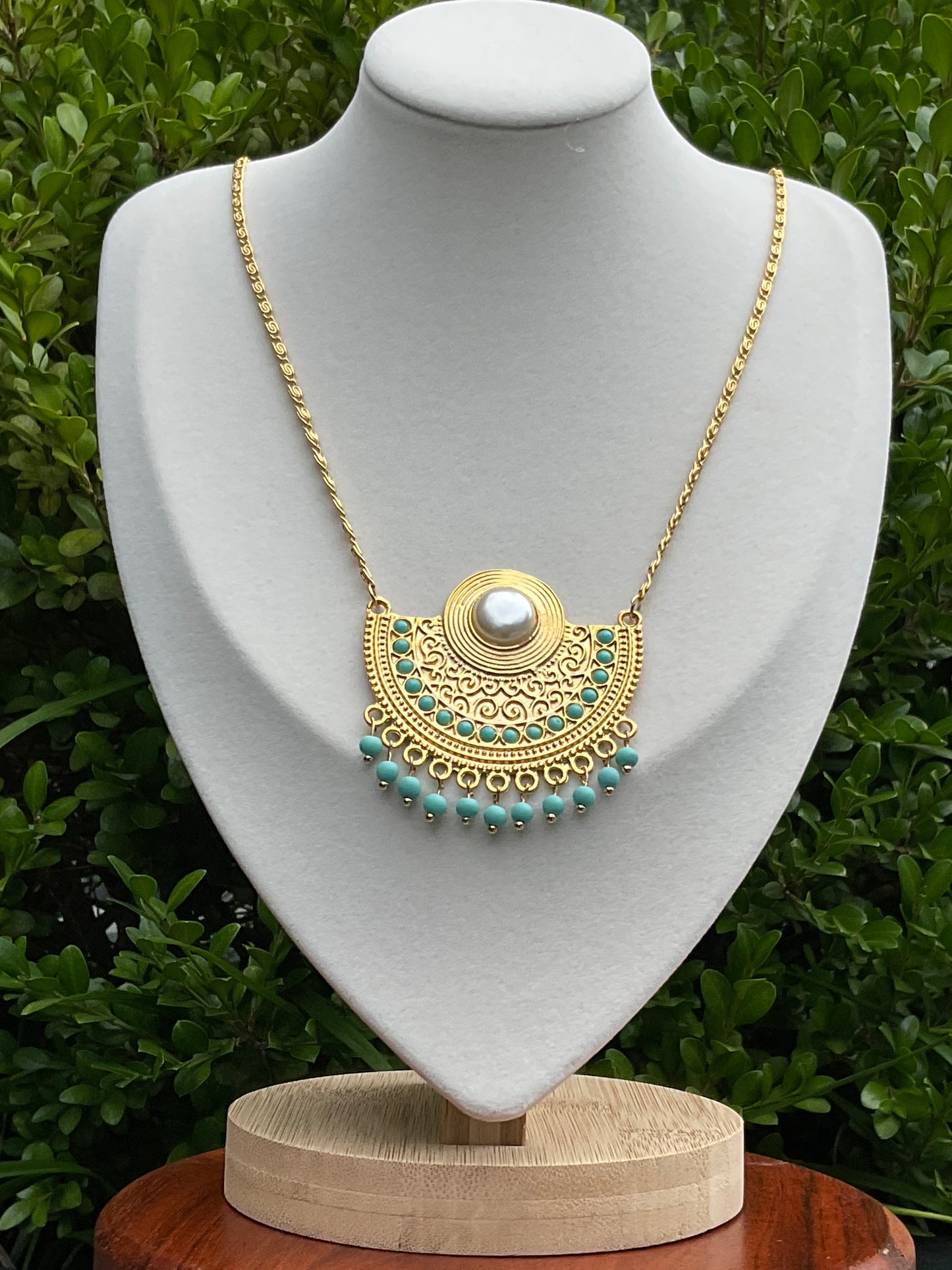 Tribal Elegance: Gold Filled Necklace with 22k Matte Gold Plated Semi-Circle Pendant, Pearl, and Turquoise Accents