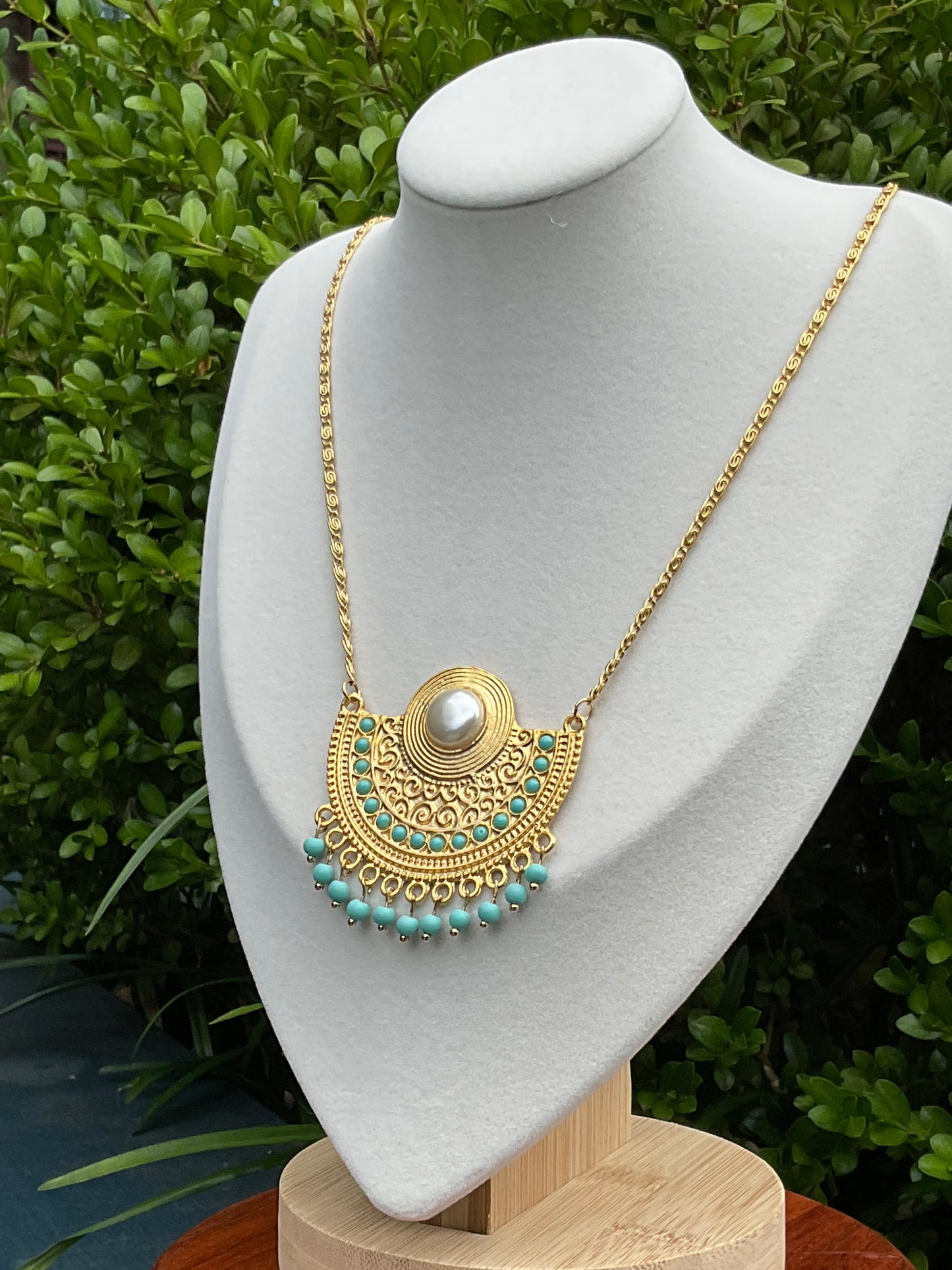 Tribal Elegance: Gold Filled Necklace with 22k Matte Gold Plated Semi-Circle Pendant, Pearl, and Turquoise Accents