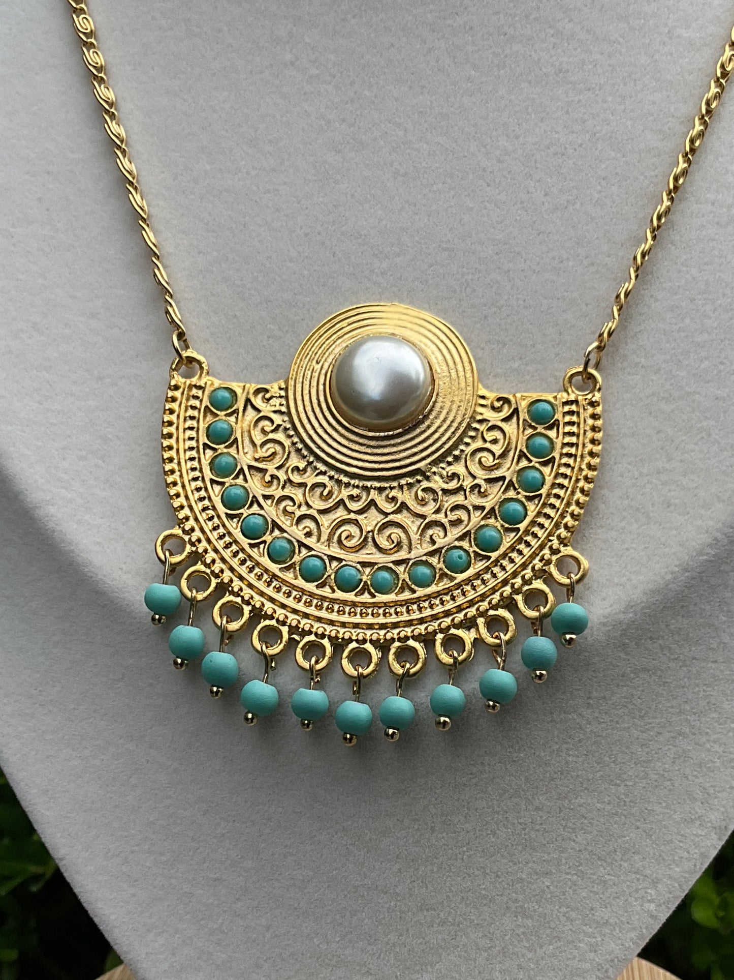 Tribal Elegance: Gold Filled Necklace with 22k Matte Gold Plated Semi-Circle Pendant, Pearl, and Turquoise Accents