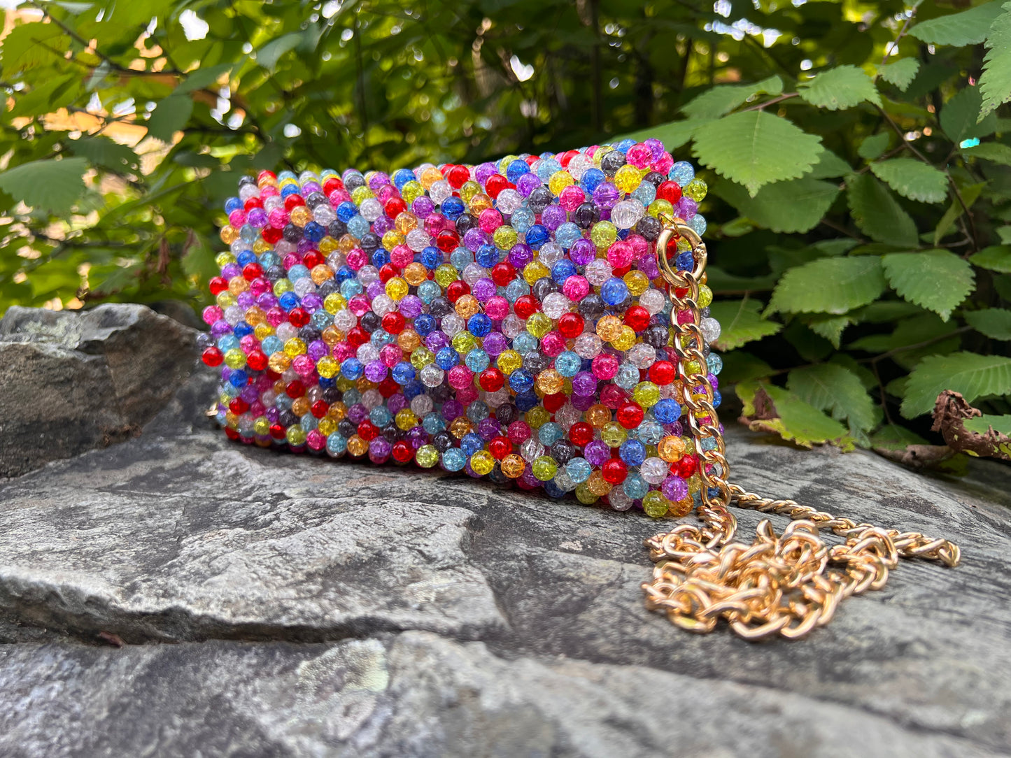 Bubblegum Bliss: Colorful Beaded Purse with Internal Cracked Glass Design and Long Gold Chain