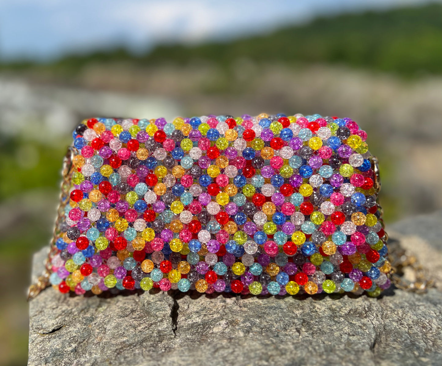 Bubblegum Bliss: Colorful Beaded Purse with Internal Cracked Glass Design and Long Gold Chain