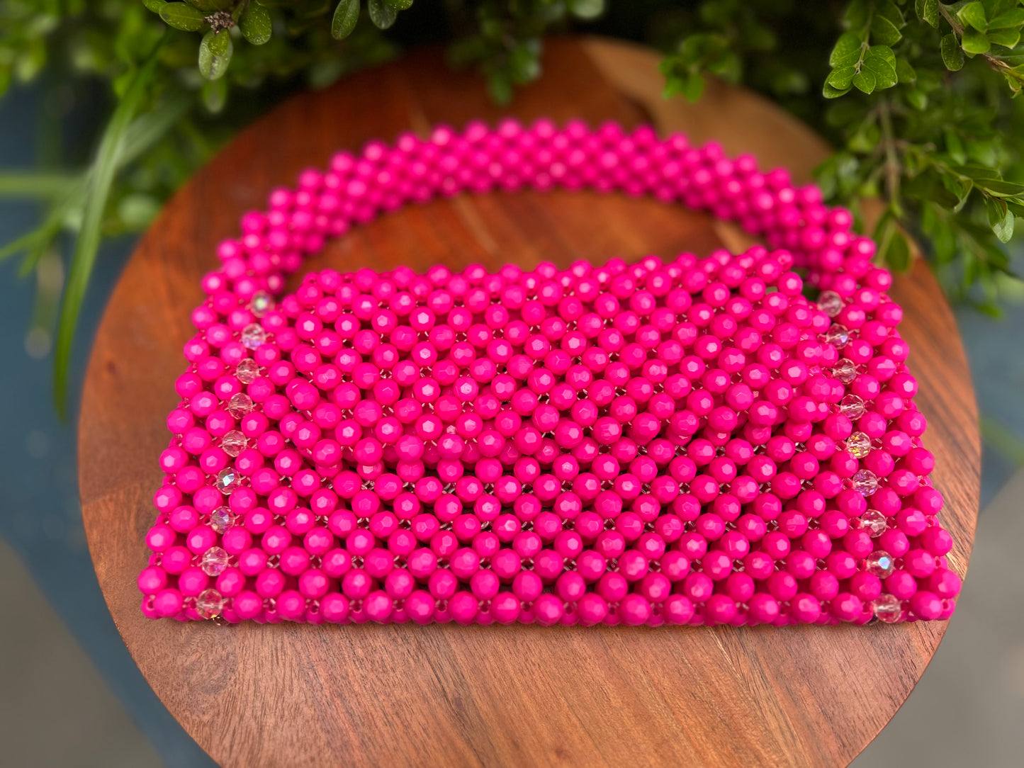 Opulent Blush: Rich Pink Beaded Purse with Curved Beaded Hanlde