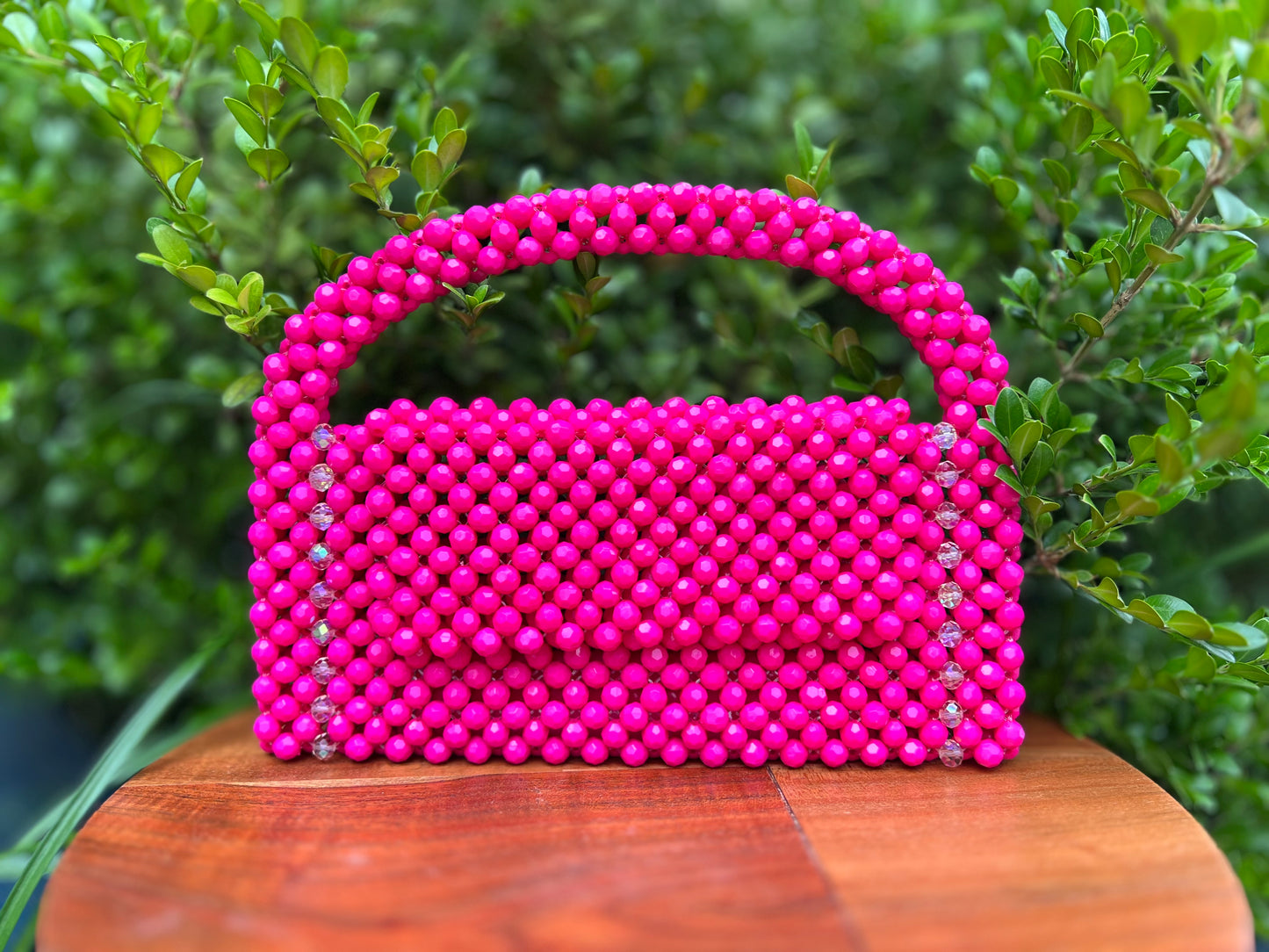 Opulent Blush: Rich Pink Beaded Purse with Curved Beaded Hanlde